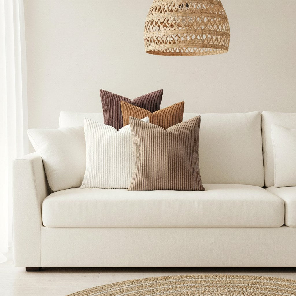 Lot de 4 housses de coussin en velours côtelé, camaïeu de bruns, sur un canapé blanc