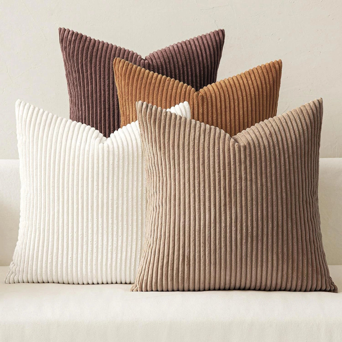 Lot de 4 housses de coussin en velours côtelé, chocolat et crème