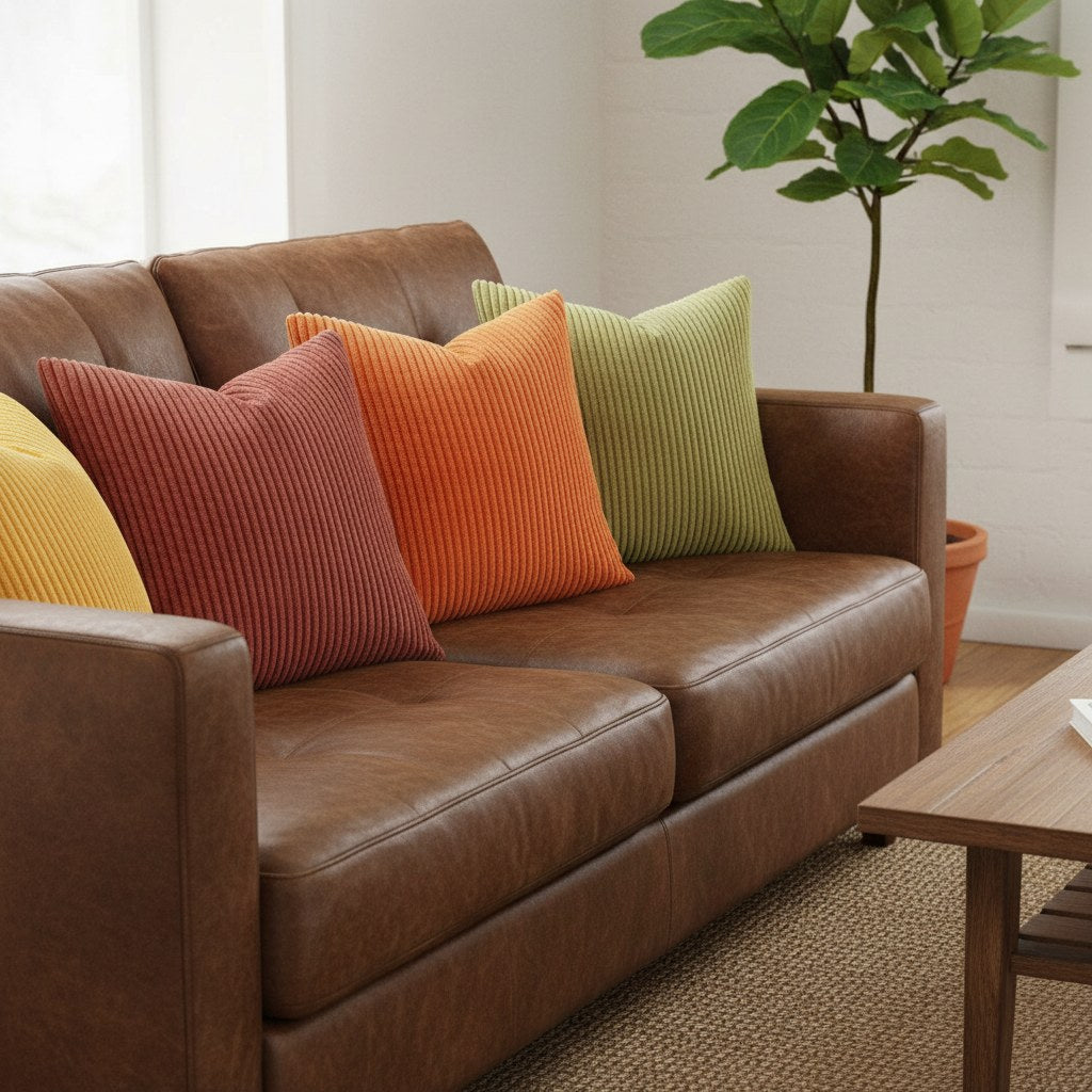 Lot de 4 housses de coussin en velours côtelé terracotta, orange, moutarde et olive sur un canapé en cuir marron
