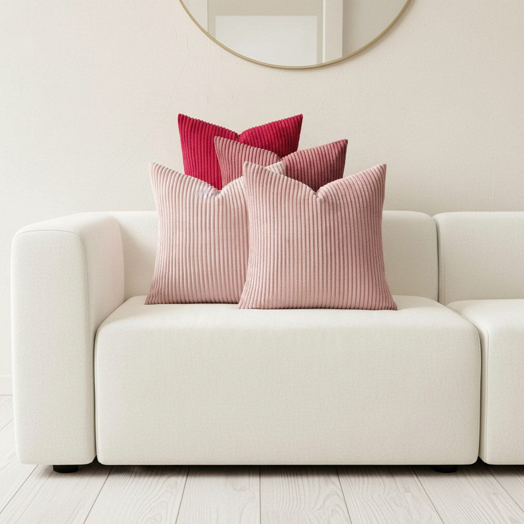 Lot de 4 housses de coussin en velours côtelé, camaïeu de roses, sur un canapé blanc
