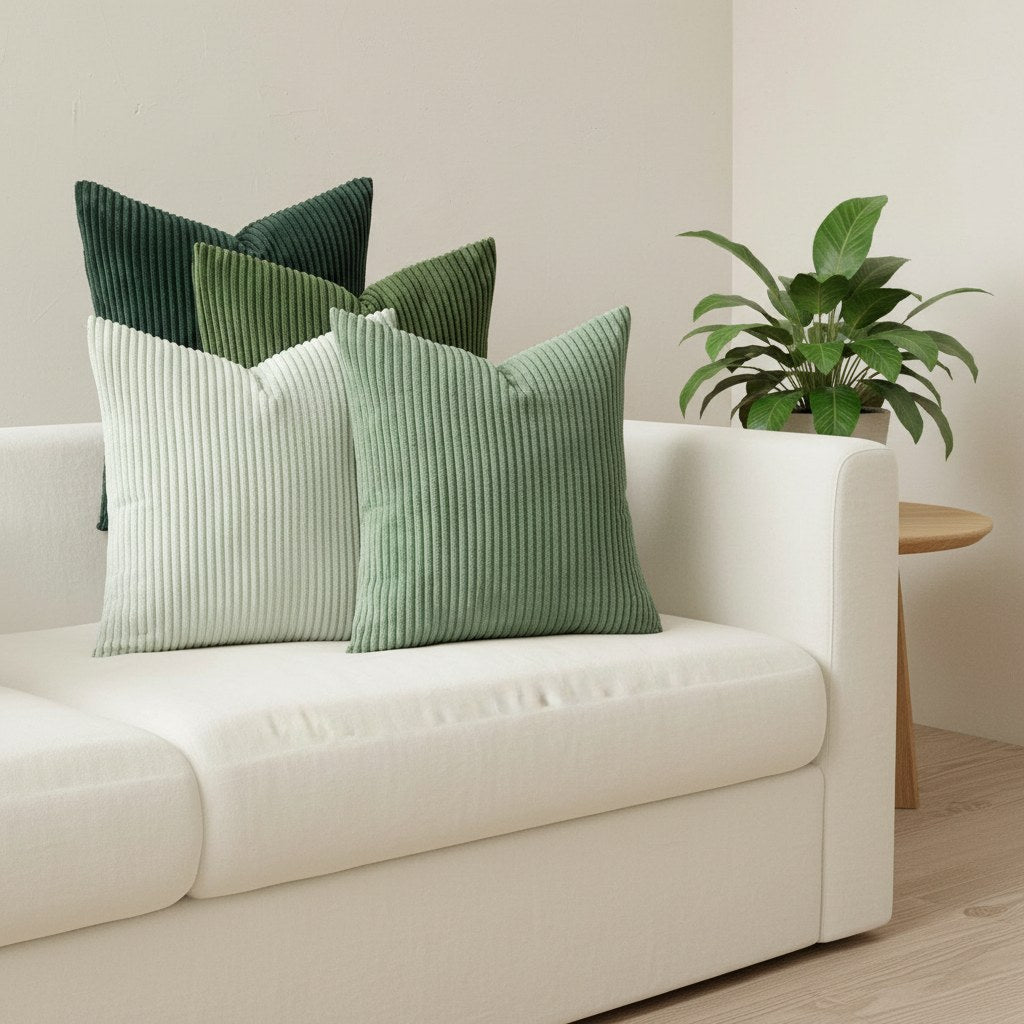 Lot de 4 housses de coussin en velours côtelé, camaïeu de verts, sur un canapé blanc