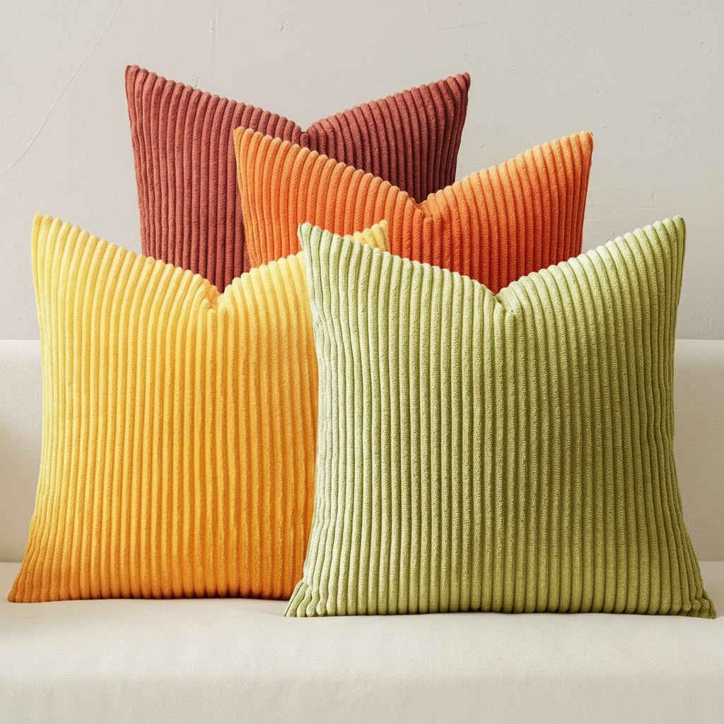 Les quatre housses de coussin en velours côtelé du lot terracotta, orange, moutarde et olive