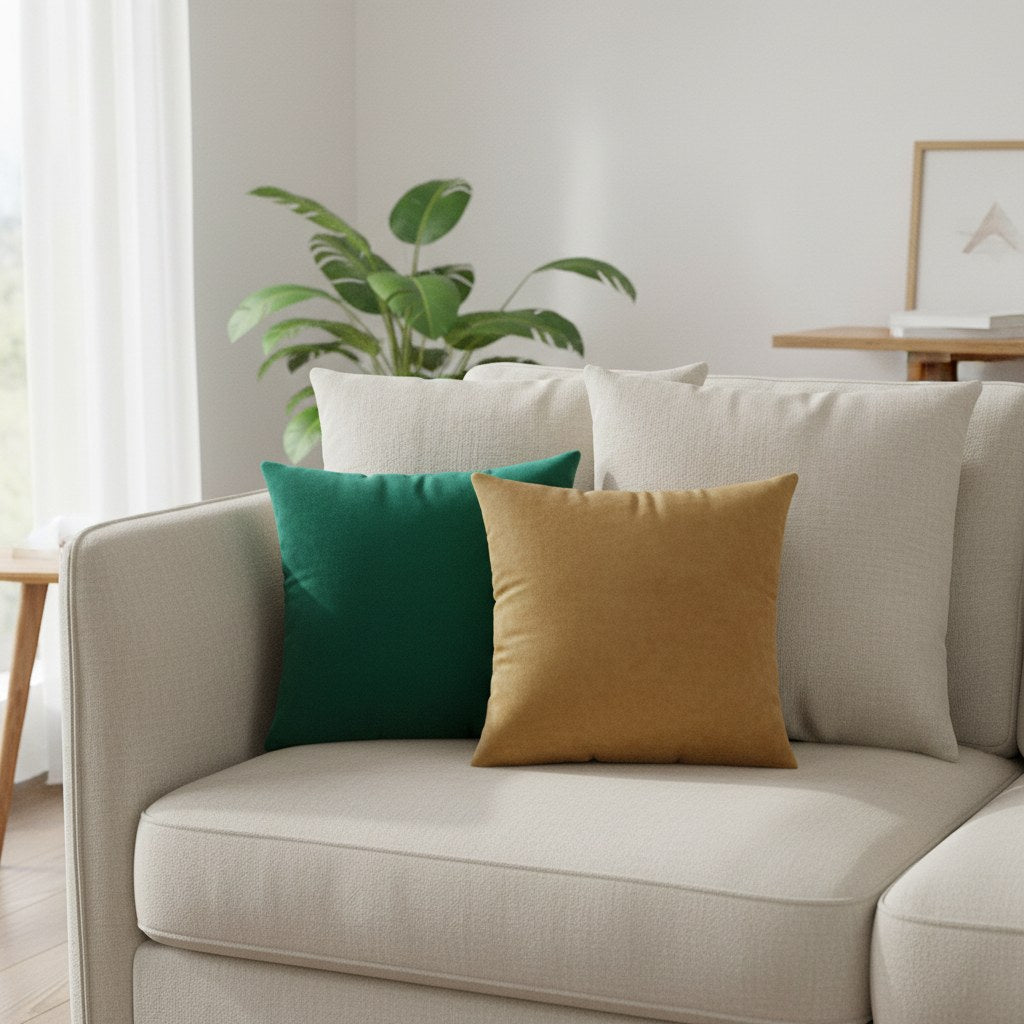 Petits coussins en velours vert émeraude et ambre devant de grands coussins beiges sur un canapé