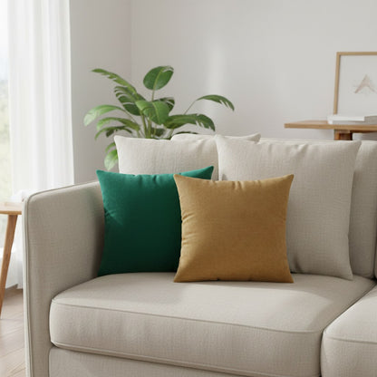 Petits coussins en velours vert émeraude et ambre devant de grands coussins beiges sur un canapé
