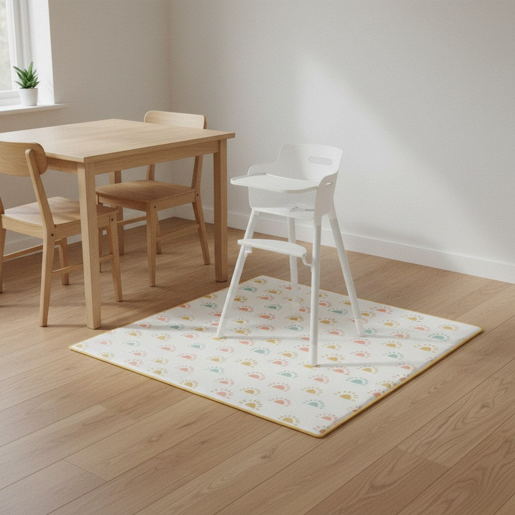 Tapis bébé à arcs-en-ciel pastel posé sous une chaise haute blanche dans une cuisine